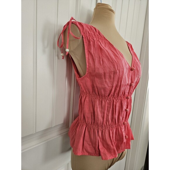 Cynthia Rowley 100% Linen Passionfruit Tank Top Button Up Smocking Sz M - Picture 2 of 10